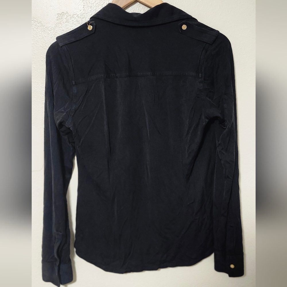 Tory Burch 100% Silk Black Button Down Blouse Long Sleeve | Gold Logo Buttons - Picture 4 of 6